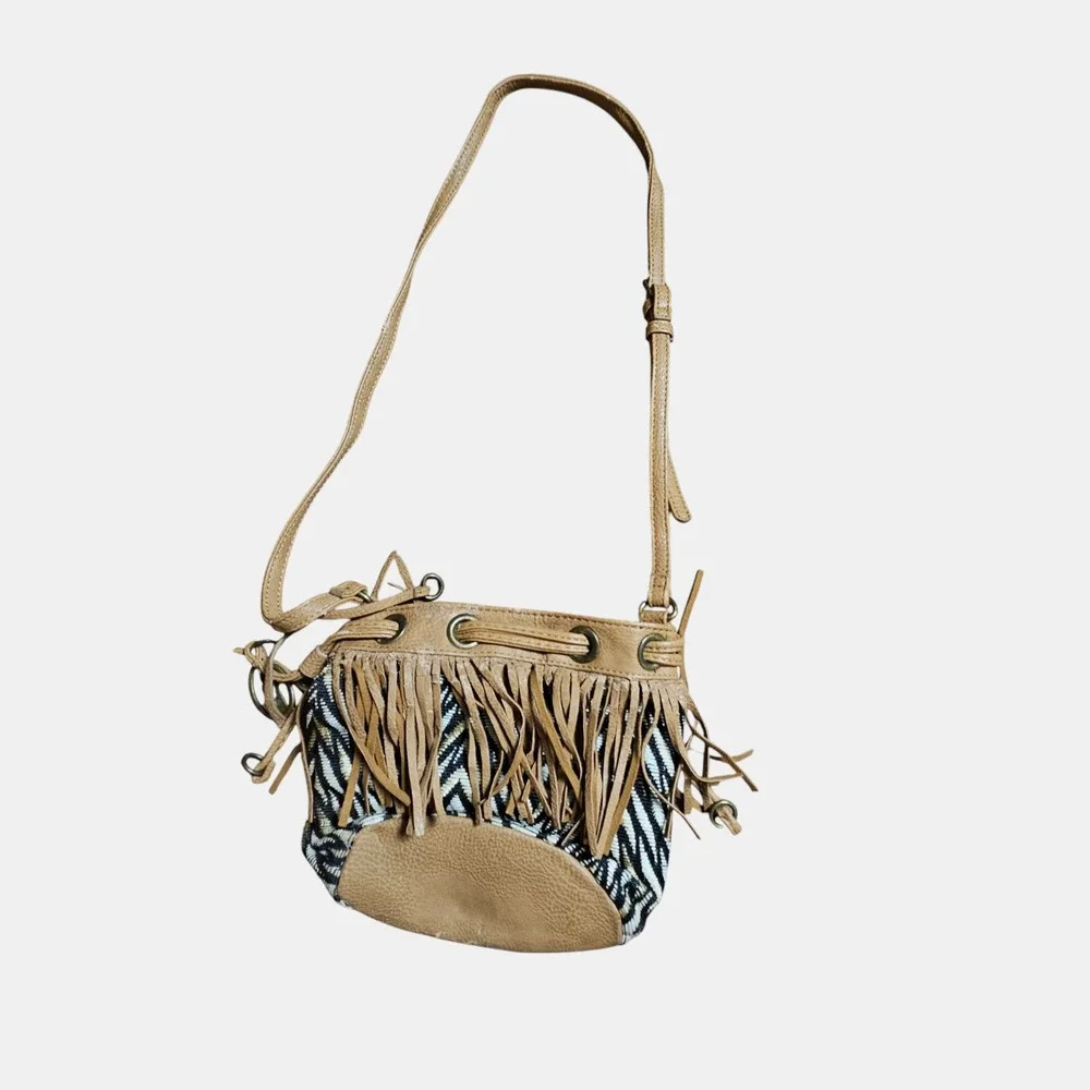 Carlos Santana Fringe Bucket Crossbody‎ Bag Metal Logo Boho Festival Hippie